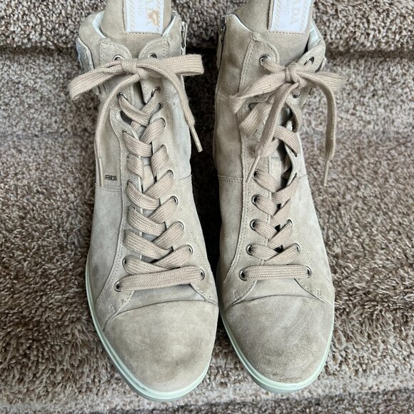 Prada Women's 3TZ015 Beige Suede High Top Wedge Ankle Boots. - Picture 1 of 13